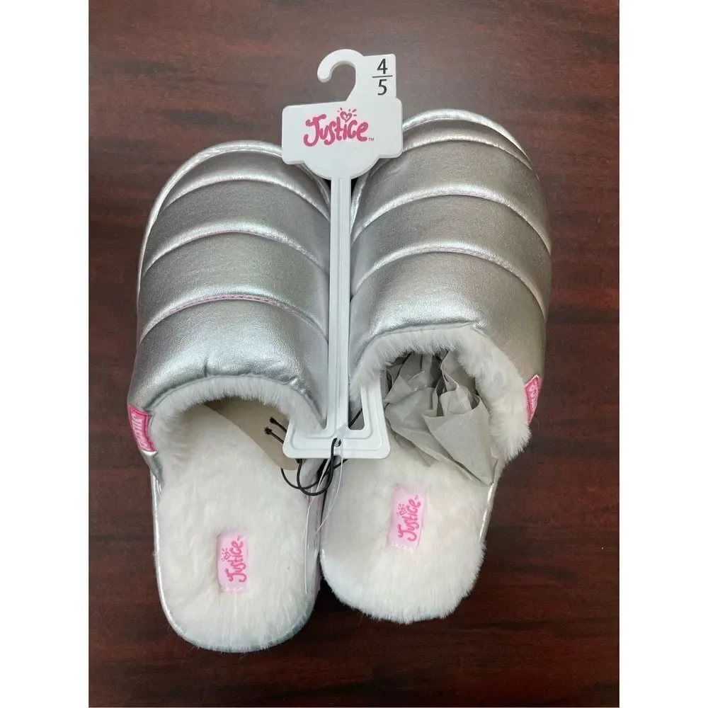 NWT Justice Silver Kids Slippers Size 4/5